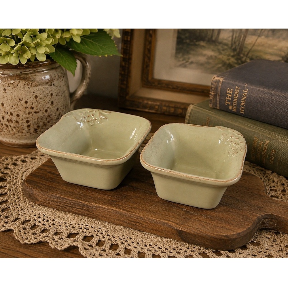 Casafina Madeira Harvest Sage Green Stoneware Square Ramekin Bowls Set of 2